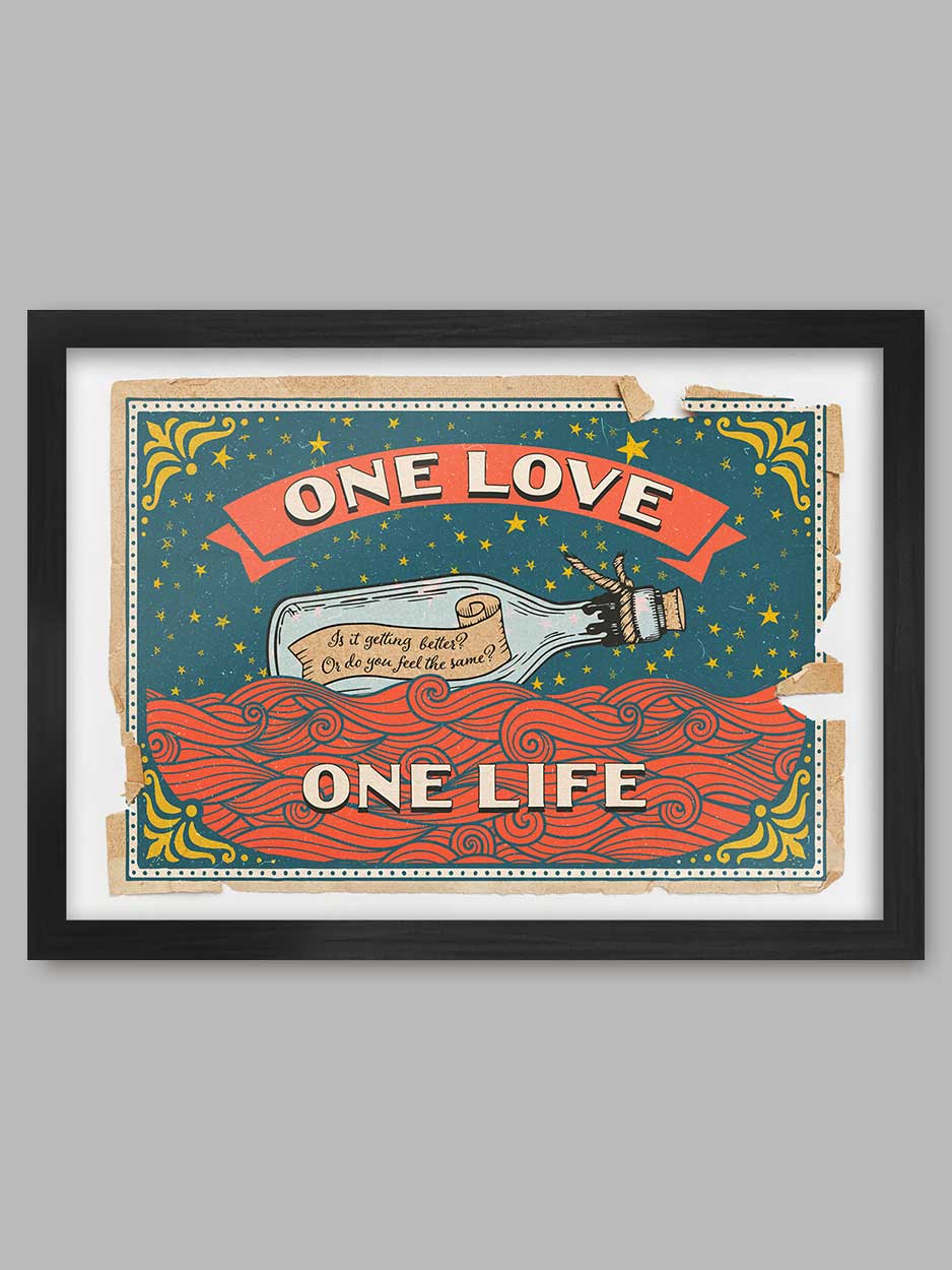 One - Music Poster Print. Styled on the old matchbox labels, this poster is a celebration of the U2 song.