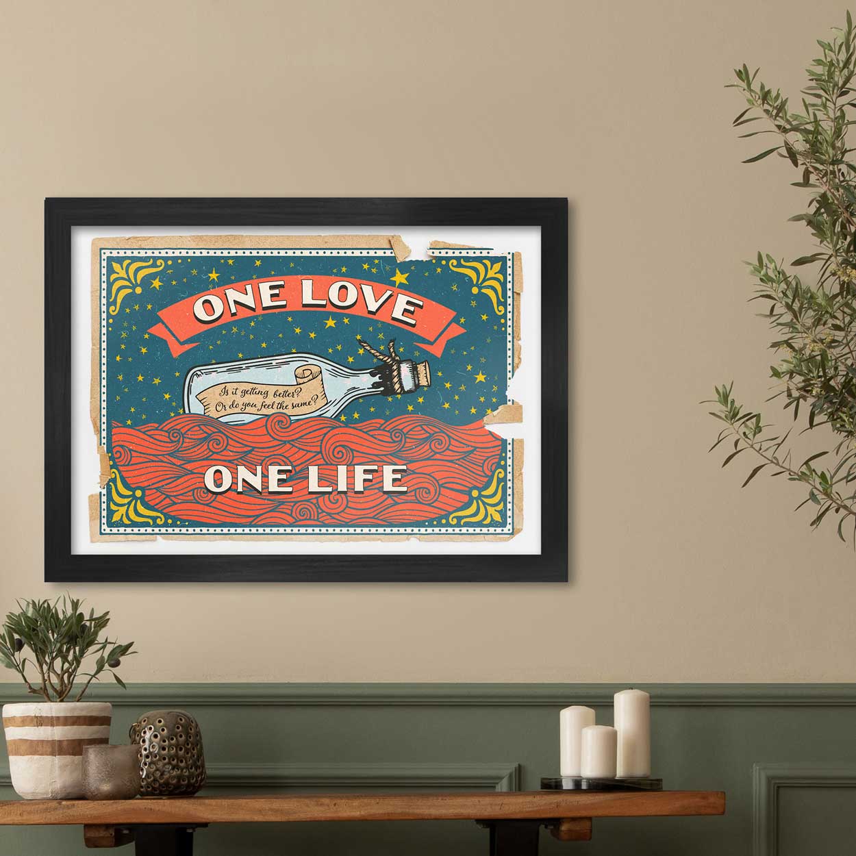One - Music Poster Print. Styled on the old matchbox labels, this poster is a celebration of the U2 song.