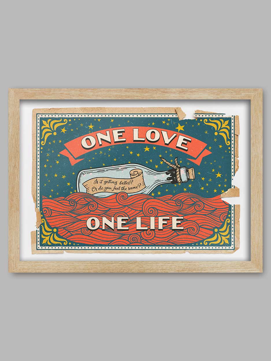 One - Music Poster Print. Styled on the old matchbox labels, this poster is a celebration of the U2 song.
