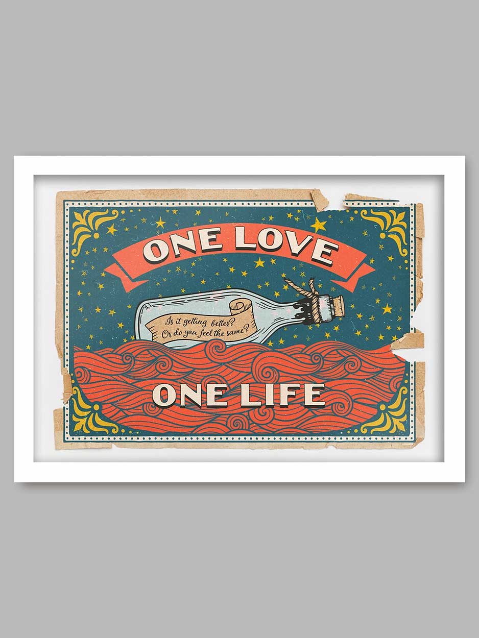 One - Music Poster Print. Styled on the old matchbox labels, this poster is a celebration of the U2 song.
