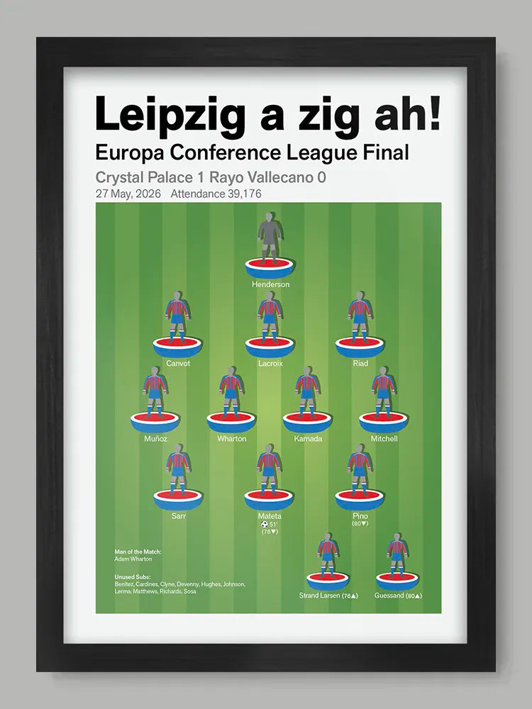 Leipzig a zig ah! Crystal Palace Conference League - Print. Celebrating Crystal Palace's first major european trophy. The team that beat Rayo Vallecano 1-0!