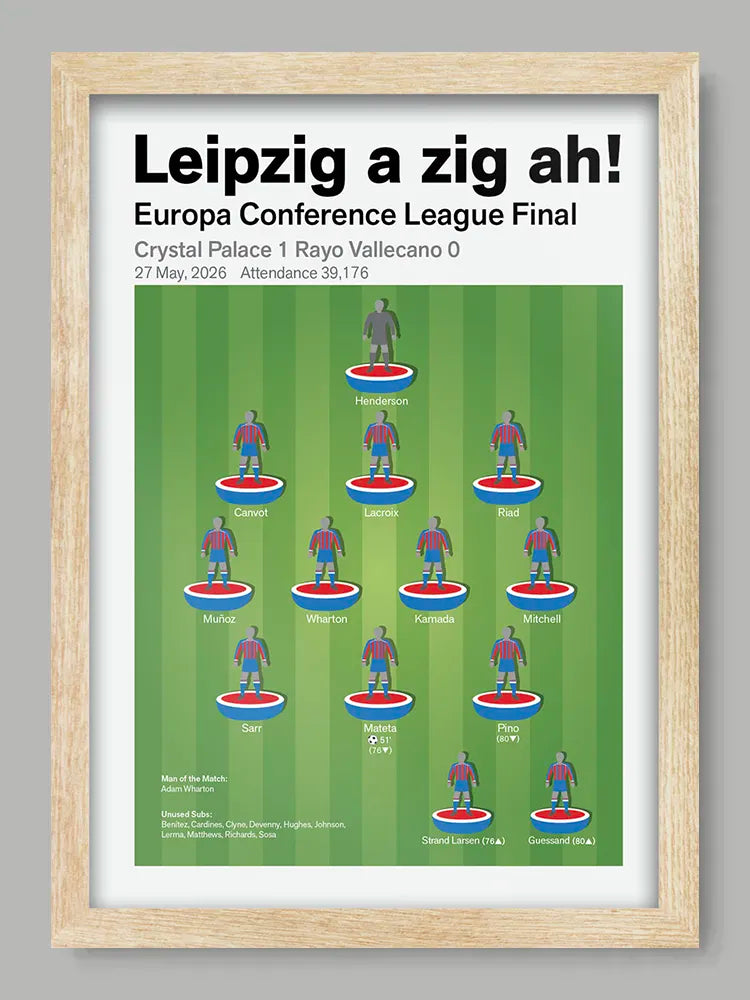 Leipzig a zig ah! Crystal Palace Conference League - Print. Celebrating Crystal Palace's first major european trophy. The team that beat Rayo Vallecano 1-0!