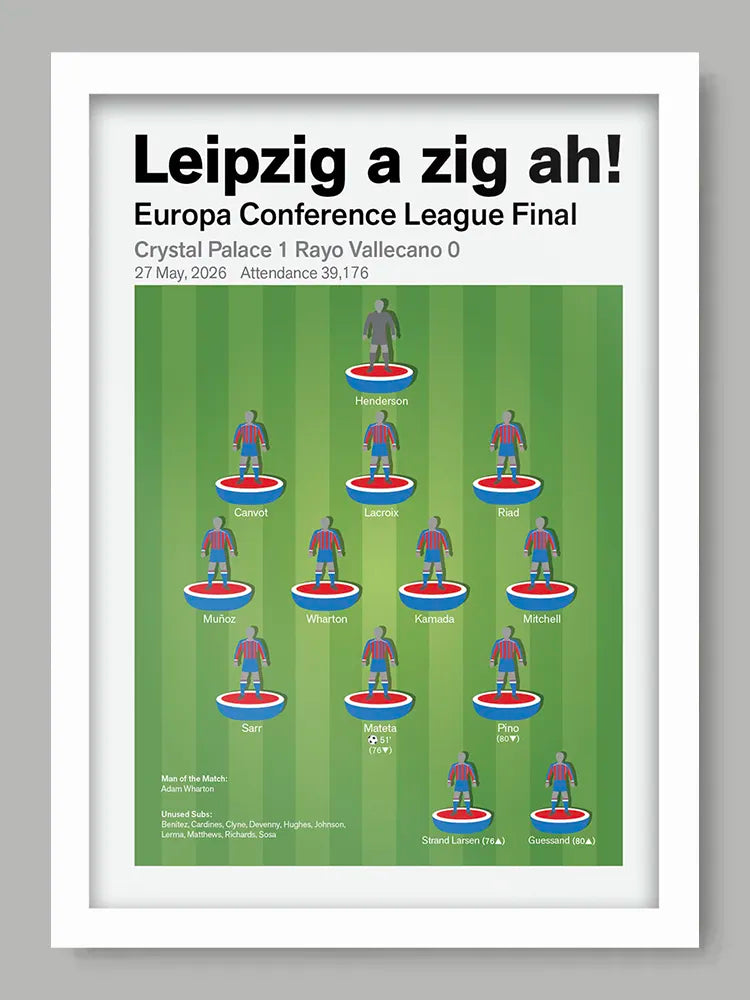 Leipzig a zig ah! Crystal Palace Conference League - Print. Celebrating Crystal Palace's first major european trophy. The team that beat Rayo Vallecano 1-0!