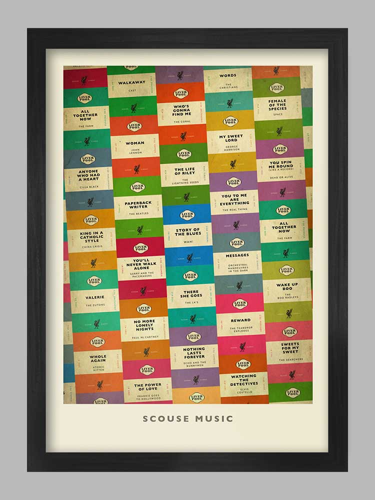 Scouse Music - Liverpool Music Poster Print. Celebrates the great musical talent produced by Liverpool through the years.