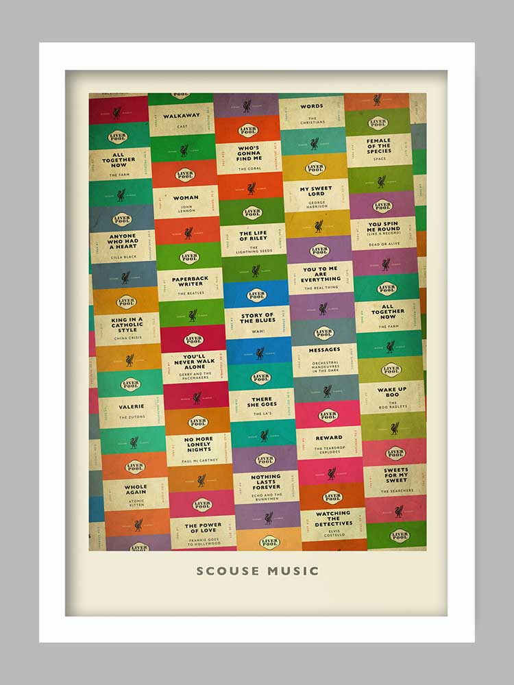Scouse Music - Liverpool Music Poster Print. Celebrates the great musical talent produced by Liverpool through the years.