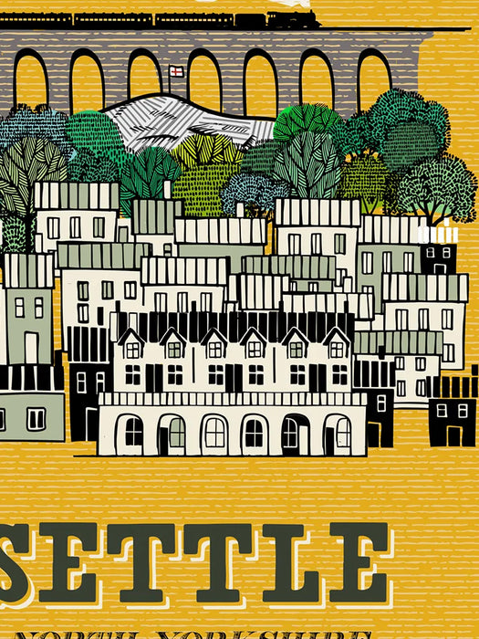 Settle - Poster Print. Celebrates the delightful Yorkshire town in the Dales. Featuring The Shambles, Castleberg Hill and the famous Carlisle to Settle railway.