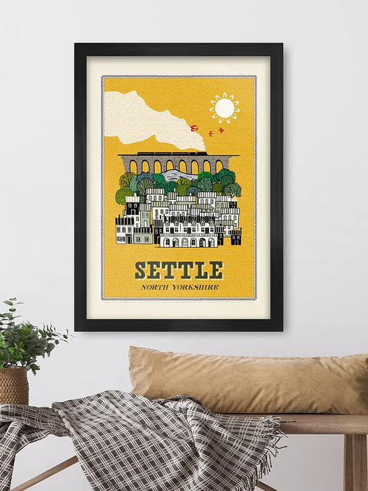 Settle - Poster Print. Celebrates the delightful Yorkshire town in the Dales. Featuring The Shambles, Castleberg Hill and the famous Carlisle to Settle railway.