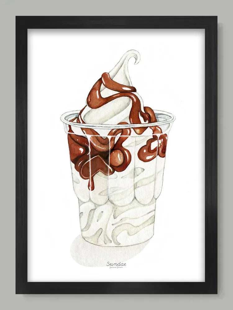 Framed artwork of a chocolate and vanilla ice cream sundae in a clear cup.