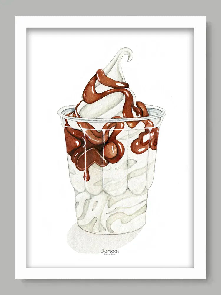 Illustration of a soft serve ice cream with chocolate drizzle in a clear cup on a gray background.