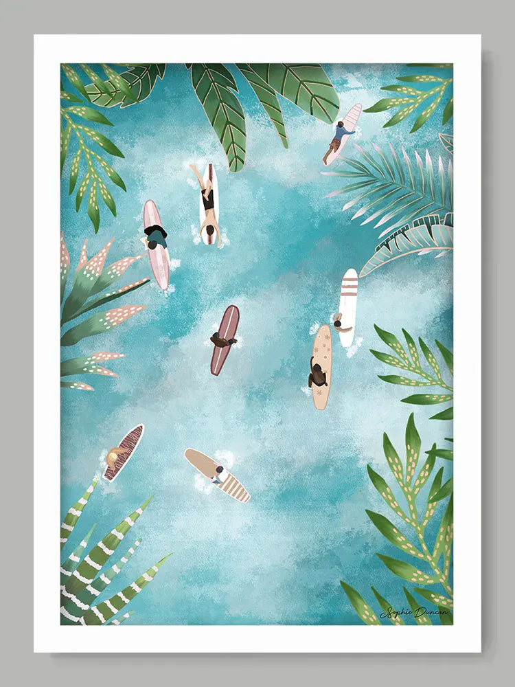 Illustration of people surfing with tropical leaves on a blue background