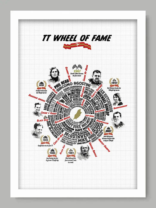 TT Wheel of Fame - Poster Print celebrates some of the TT riders across all eras