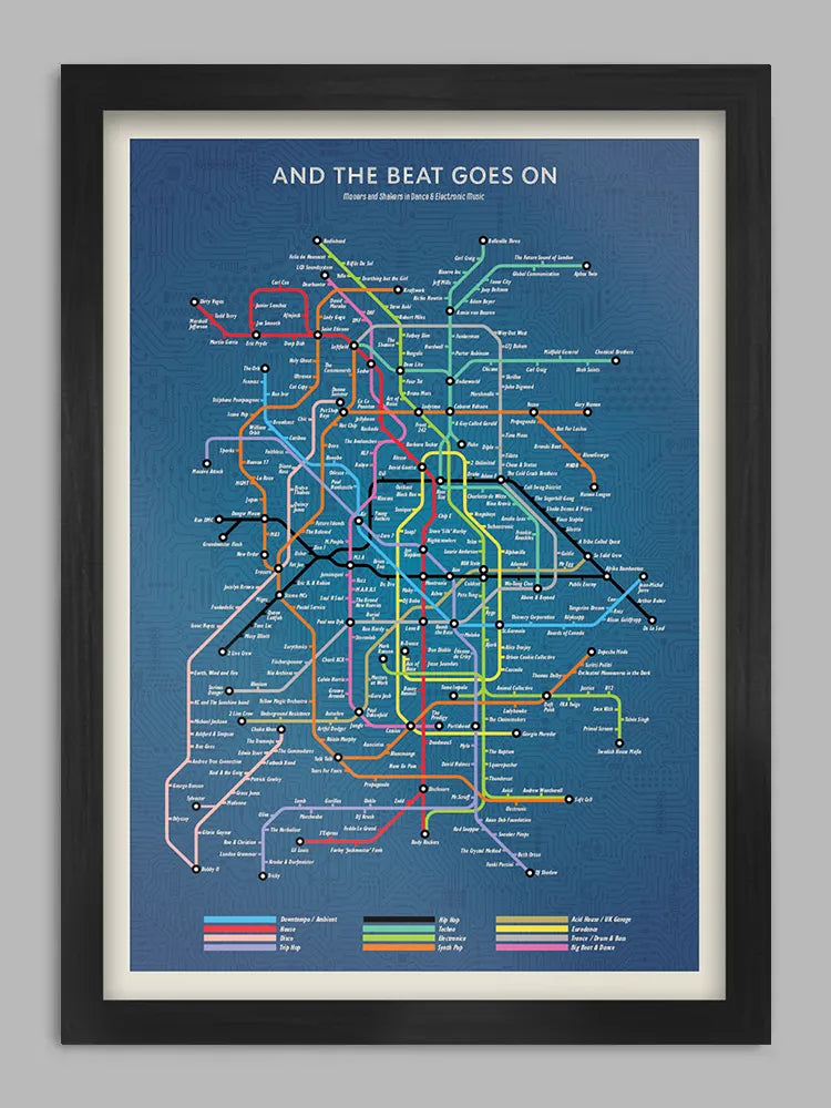 And the Beat Goes On - Music Print takes you on a journey through electronic and dance music from the Disco days to Techno. Fatboy, Run DMC, CharliXCX, Madonna and many, many more.