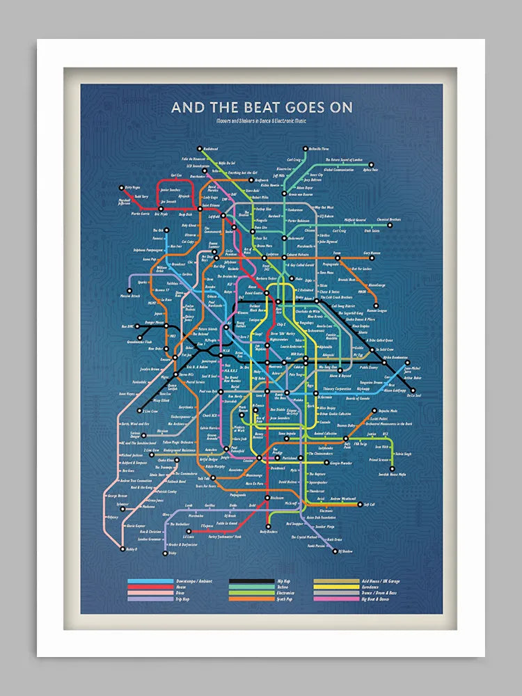 And the Beat Goes On - Music Print takes you on a journey through electronic and dance music from the Disco days to Techno. Fatboy, Run DMC, CharliXCX, Madonna and many, many more.