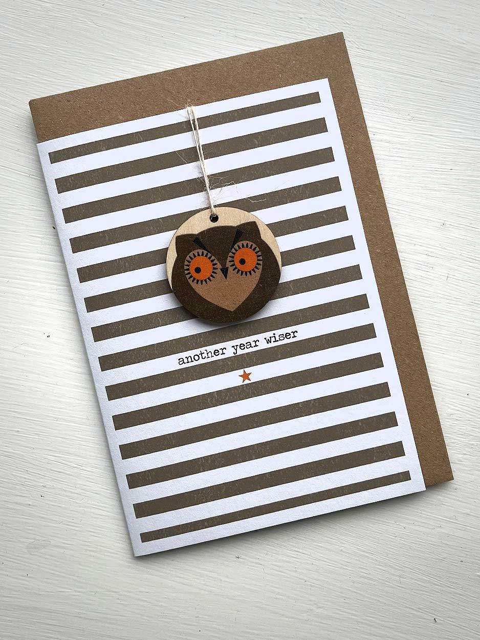 Another Year Wiser Owl Card With Wooden Decoration card Daisy Cat 