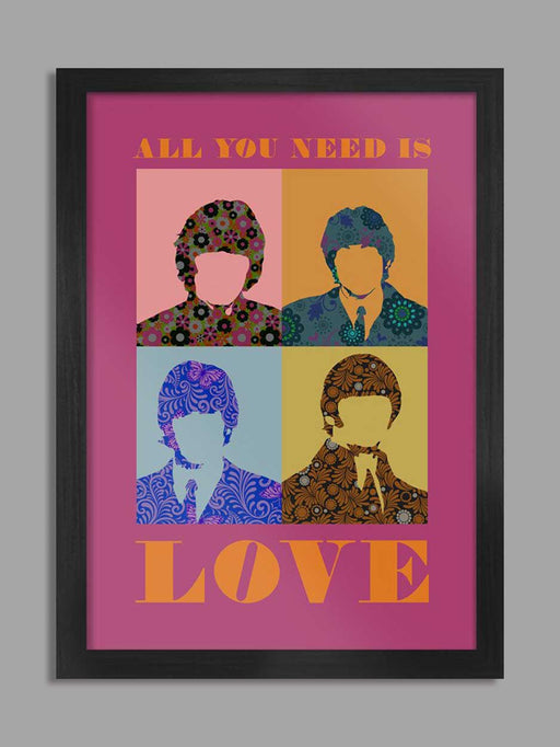 Beatles All You Need is Love in Pink. The Fab Four, John, Paul, George and Ringo in pop art style.