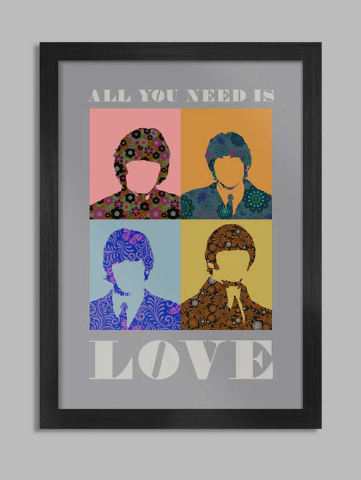 Beatles All You Need is Love in silver/grey. The Fab Four, John, Paul, George and Ringo in pop art style.