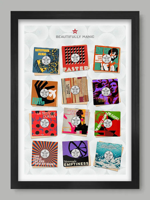 Beautifully Manic - Music Poster Print. A tribute to the manic Street Preachers. This poster imagines some their best in a retro 7 inch vinyl record sleeve style.