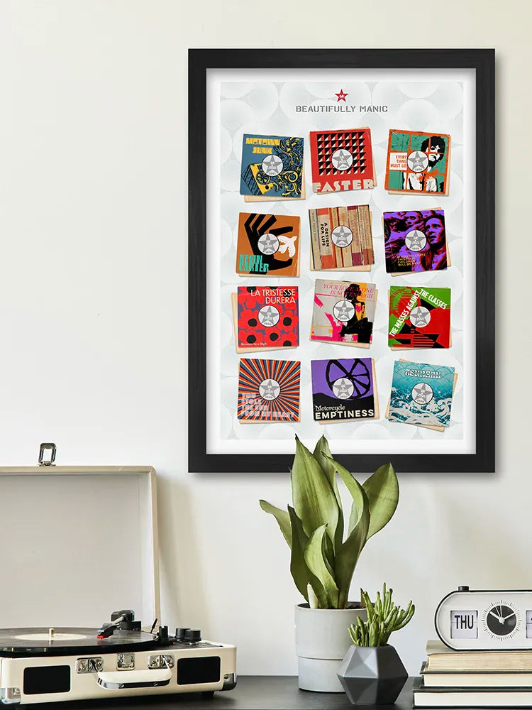 Beautifully Manic - Music Poster Print. A tribute to the manic Street Preachers. This poster imagines some their best in a retro 7 inch vinyl record sleeve style.