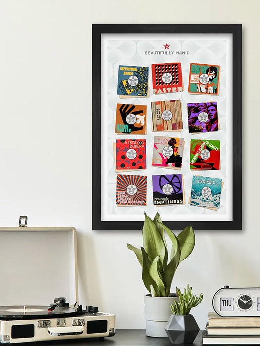 Beautifully Manic - Music Poster Print. A tribute to the manic Street Preachers. This poster imagines some their best in a retro 7 inch vinyl record sleeve style.