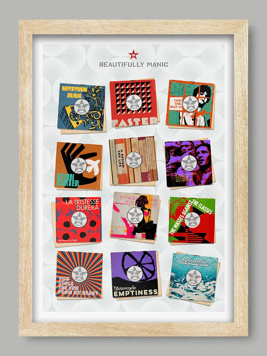 Beautifully Manic - Music Poster Print. A tribute to the manic Street Preachers. This poster imagines some their best in a retro 7 inch vinyl record sleeve style.