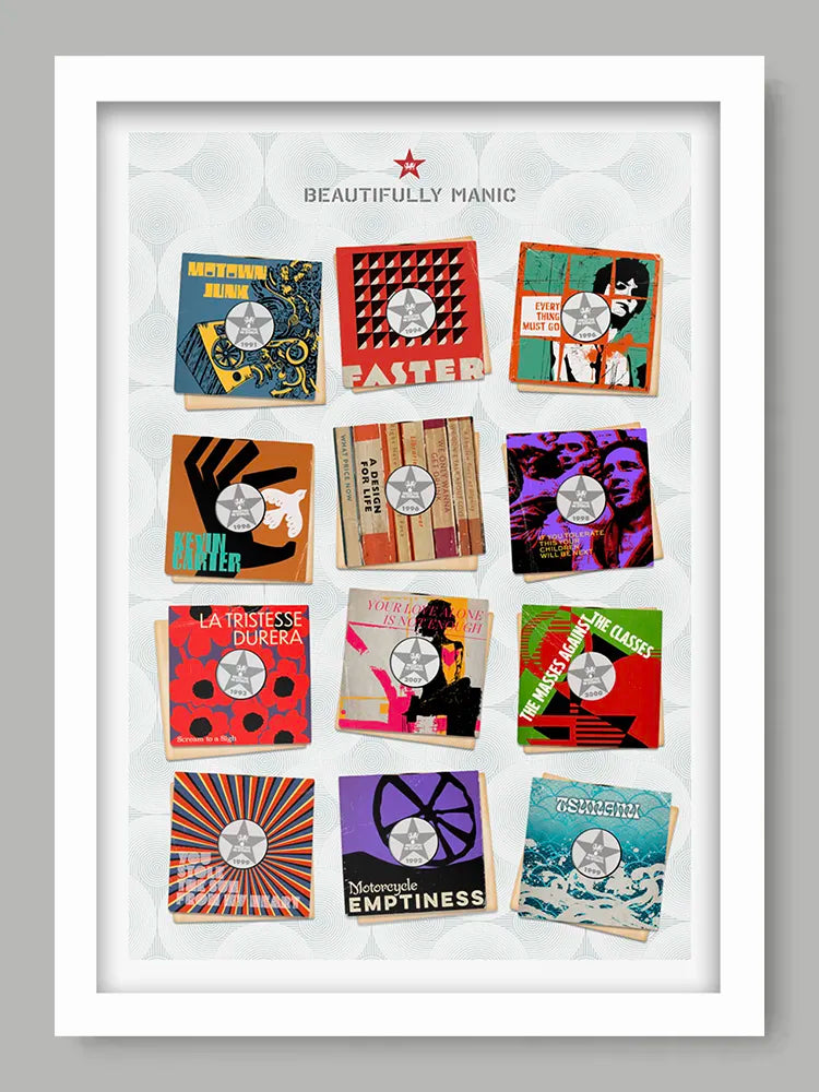 Beautifully Manic - Music Poster Print. A tribute to the manic Street Preachers. This poster imagines some their best in a retro 7 inch vinyl record sleeve style.