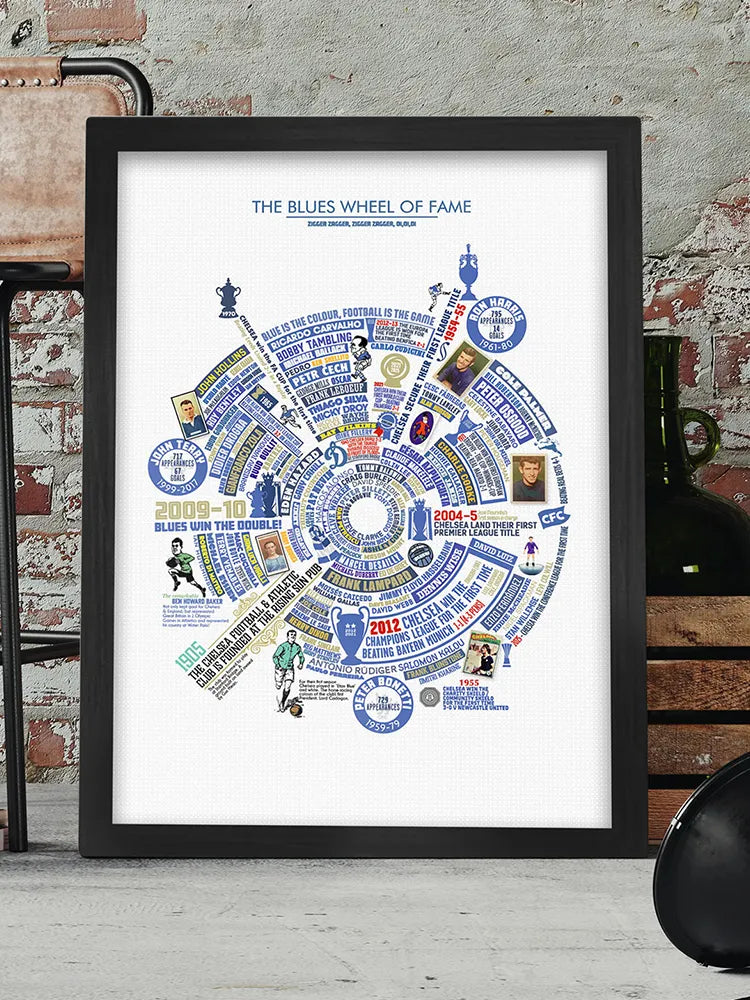 Blues Wheel of Fame - Chelsea Poster Print. A celebration of the West London Club - it's players, history of first achievements and interesting facts.