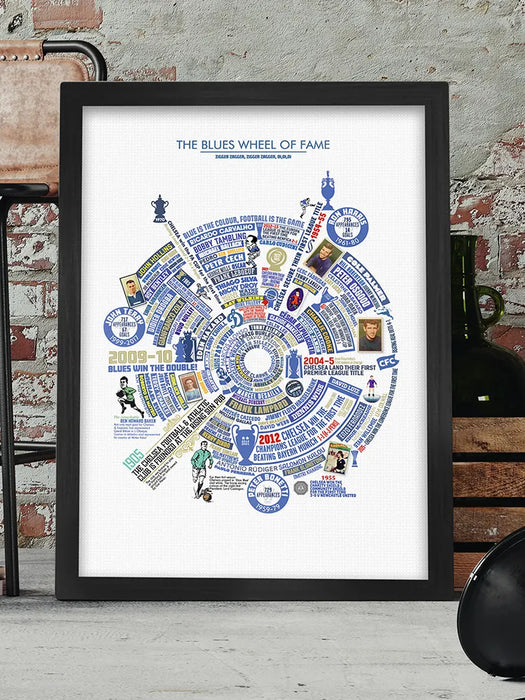 Blues Wheel of Fame - Chelsea Poster Print. A celebration of the West London Club - it's players, history of first achievements and interesting facts.