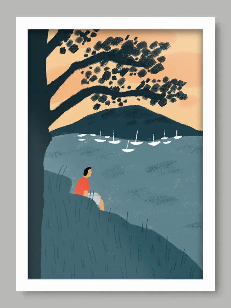 Illustration of a person sitting on a cliff overlooking a body of water with sailboats, under a tree and sunset.