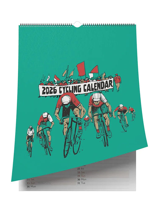 2026 Cycling Calendar with illustrations of cyclists on a green background