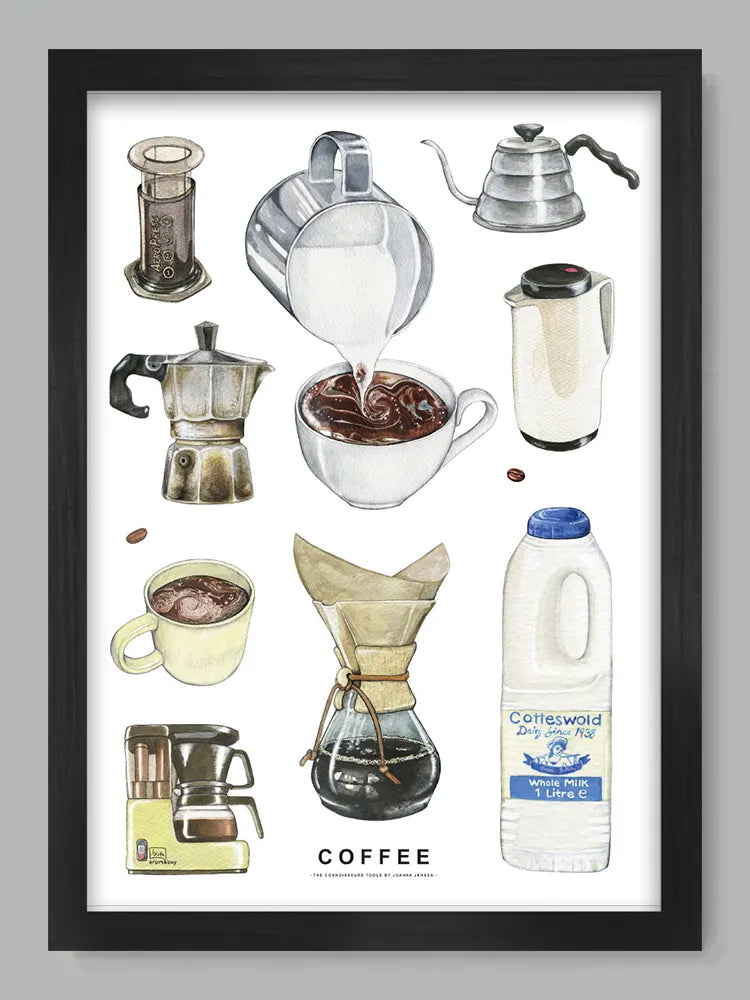 Framed poster of coffee-making equipment and ingredients on a white background