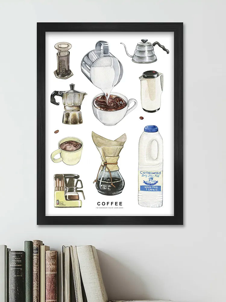 Framed artwork of coffee-making equipment and a bottle on a white wall.