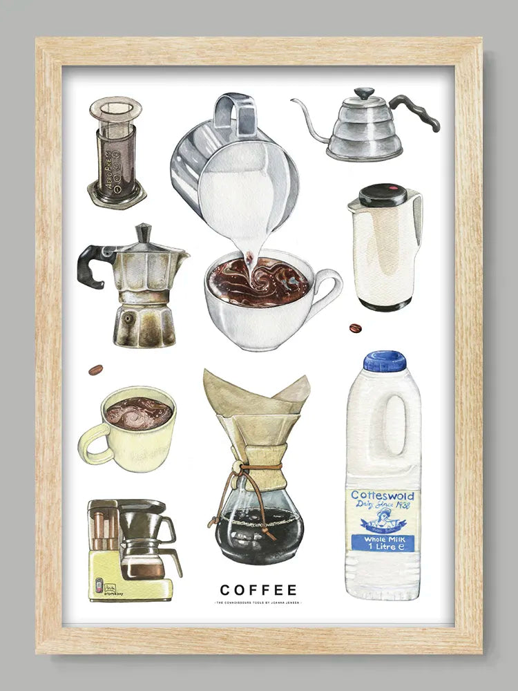 Framed poster of coffee-making equipment and ingredients on a gray background