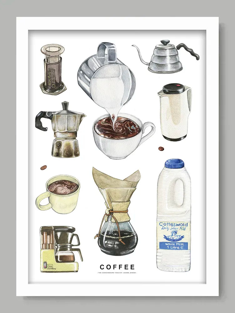 Illustration of various coffee-making equipment on a white background