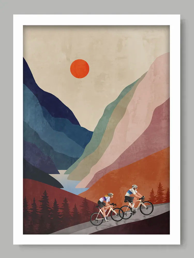 Illustration of two cyclists on a mountain path with a stylized mountain landscape and red sun.