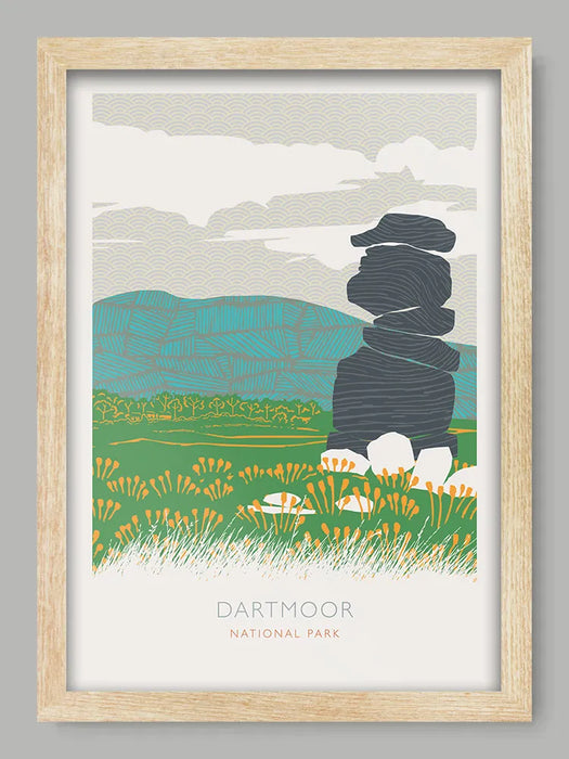 Our Dartmoor poster design print depicts the wild open moorlands and deep river valleys of Dartmoor National Park, rich in history and rare wildlife, Dartmoor is a unique place.