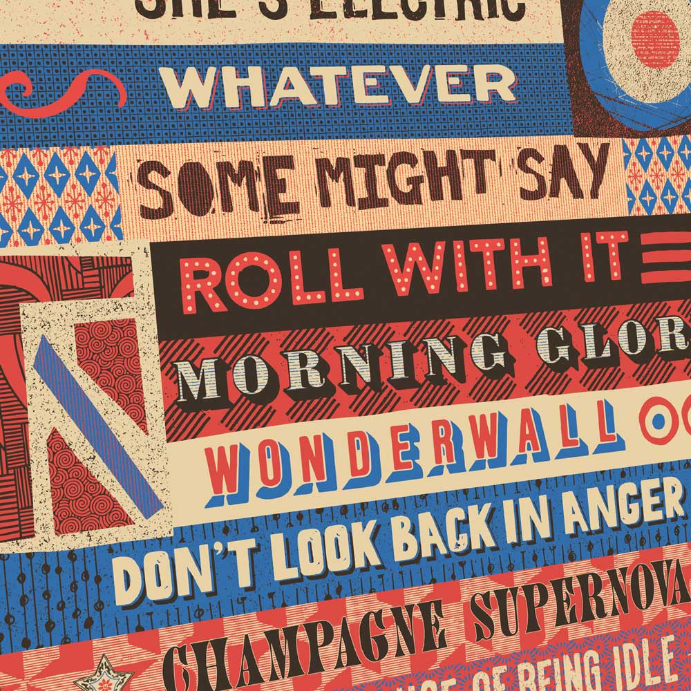 Oasis singles titles in a typographic style music print