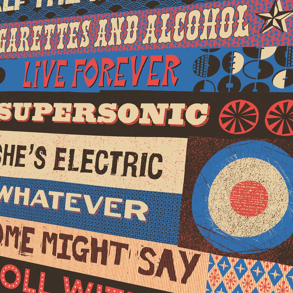 Oasis singles titles in a typographic style music print