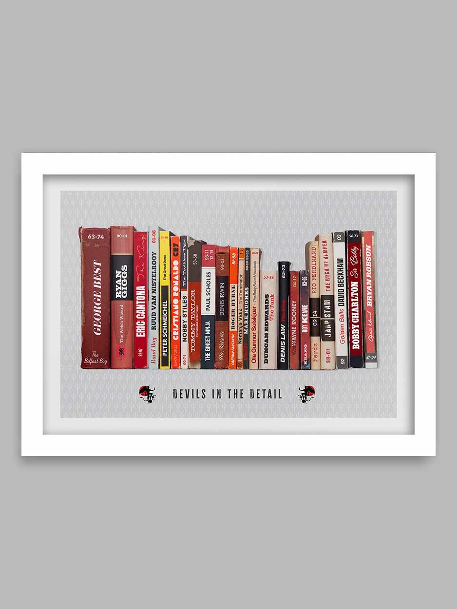 Devils in the Detail - Manchester United poster print celebrates some of the great names in the club's history together with their nickname and the years they played for the club. Styled on the classic mid=century penguin book designs.