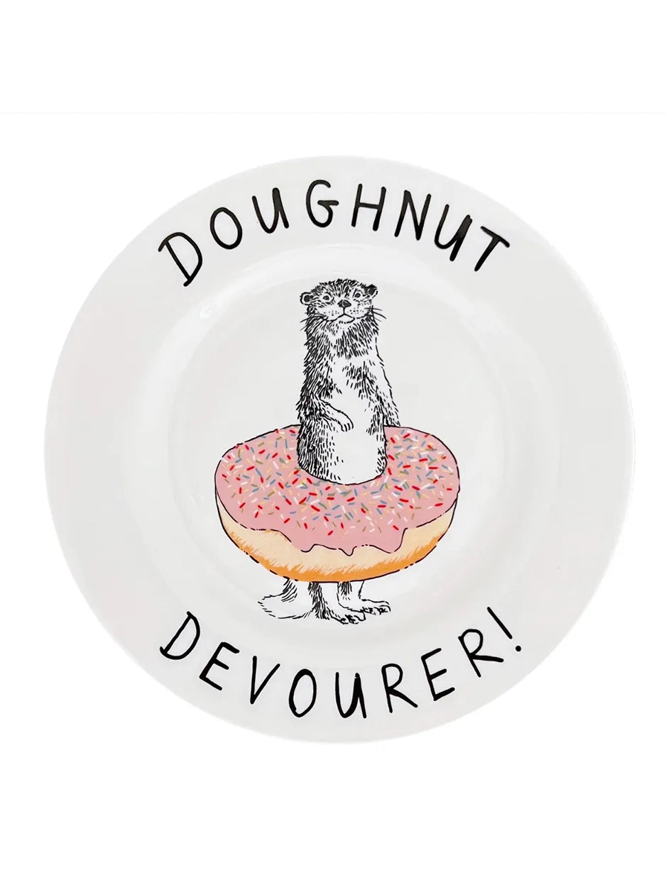 Round plate with a cartoon otter on a donut and text 'Doughnut Devourer!' on a white background