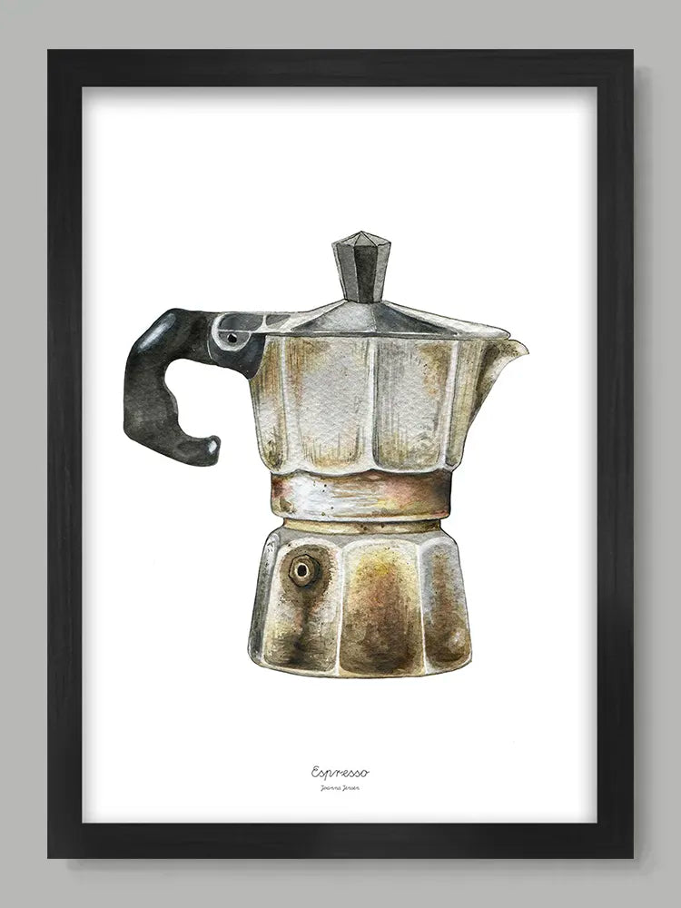 Framed artwork of a vintage-style espresso maker on a light gray background