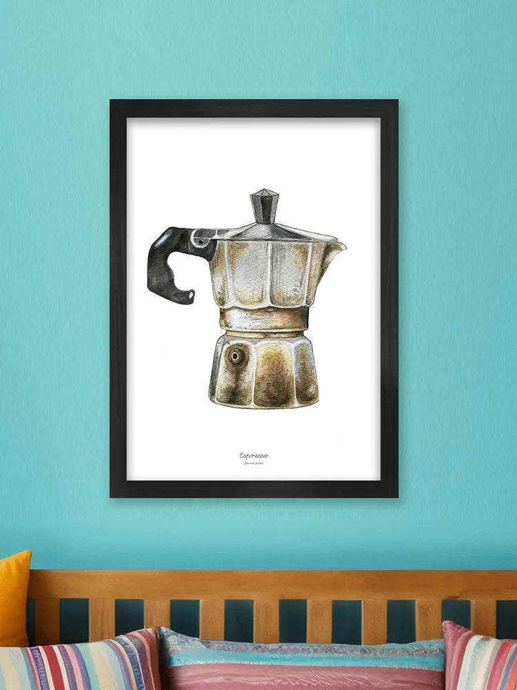 Framed artwork of a vintage coffee maker on a light blue wall above a wooden headboard.