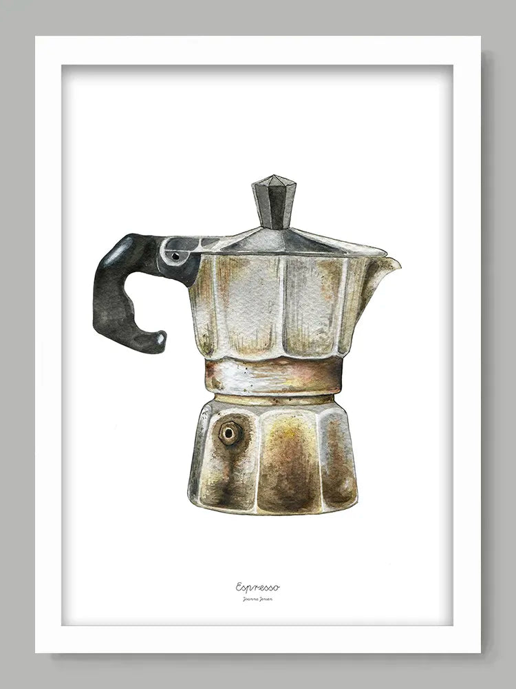 Framed artwork of a Moka pot on a white background