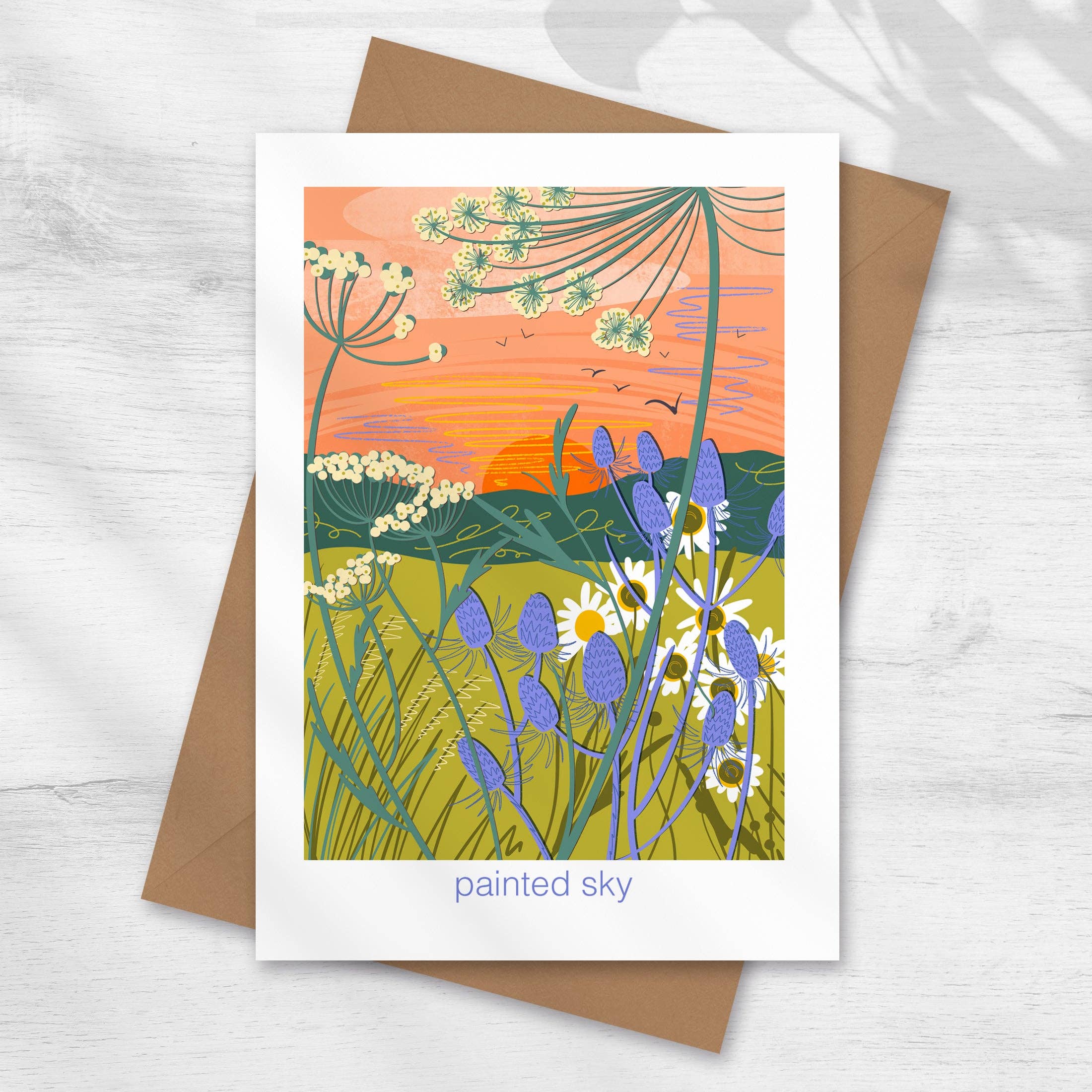 Painted Sky illustrated greeting card. Blank inside for your own message.