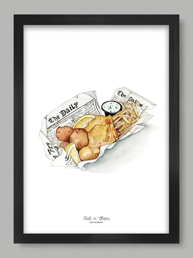 Illustration of fish and chips with a newspaper on a white background