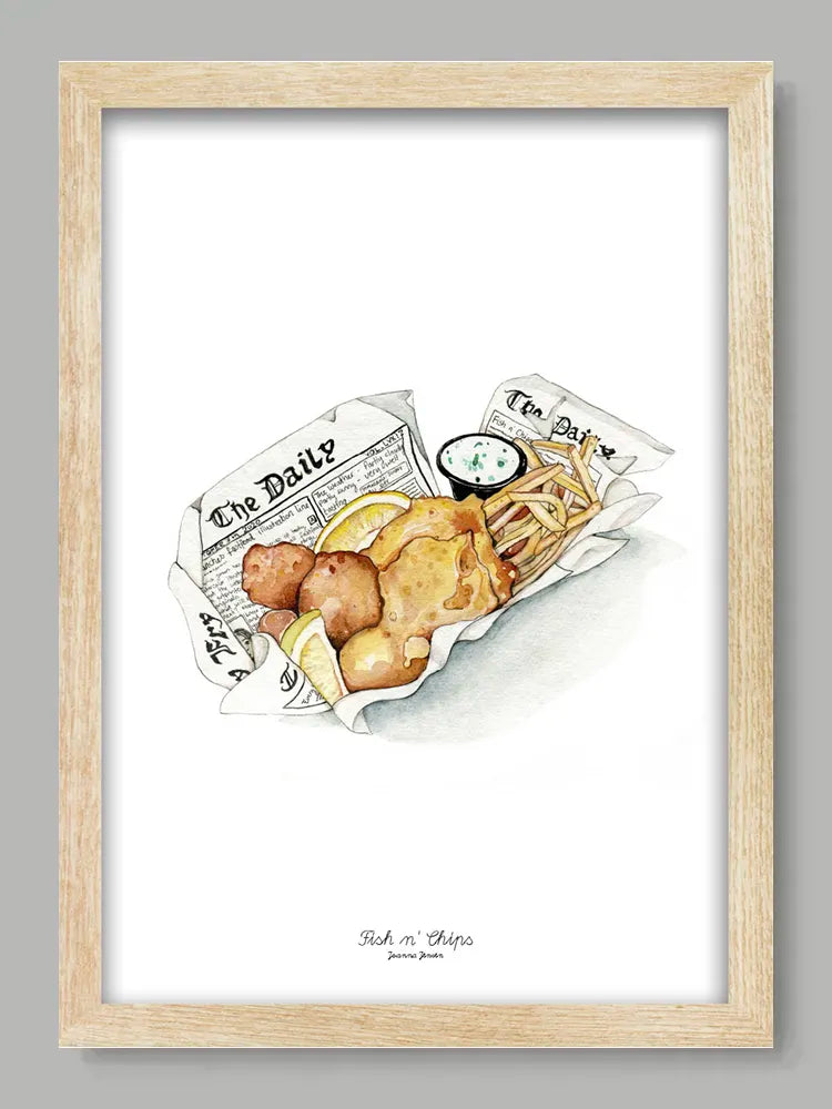 Framed artwork of a fish and chips dish with a newspaper on a gray background