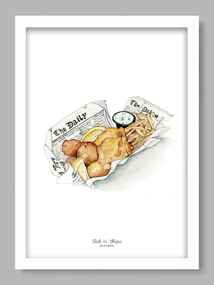 Illustration of fish and chips with a newspaper on a gray background