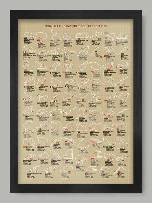 Formula One Racing Circuits - Poster Print is a record of every motor racing circuit used for the World Championships since 1950.