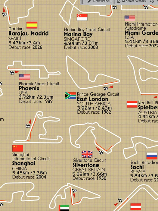 Formula One Racing Circuits - Poster Print is a record of every motor racing circuit used for the World Championships since 1950.