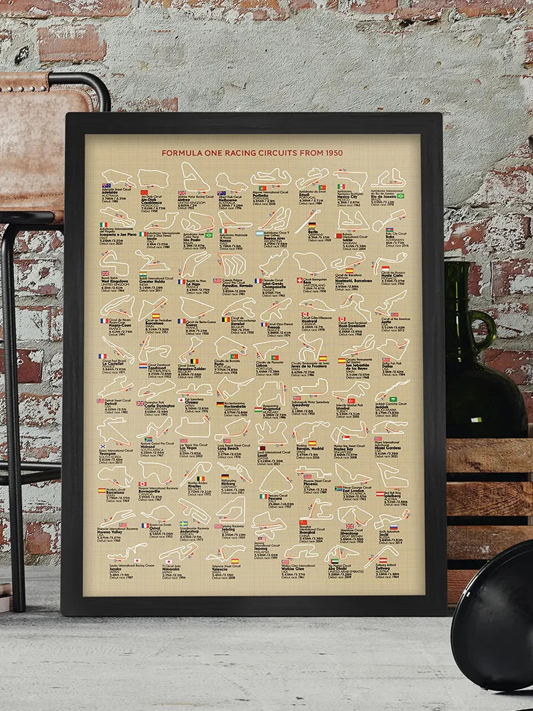 Formula One Racing Circuits - Poster Print is a record of every motor racing circuit used for the World Championships since 1950.