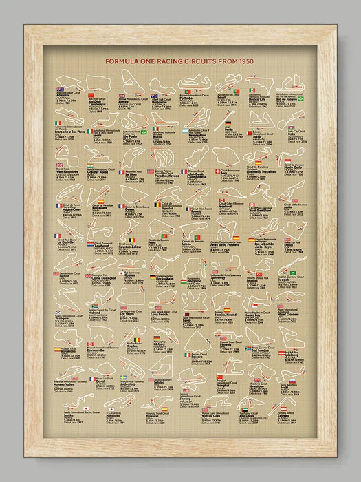 Formula One Racing Circuits - Poster Print is a record of every motor racing circuit used for the World Championships since 1950.